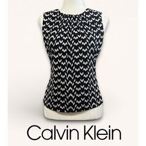 Calvin Klein Sleeveless Blouse Beige Black Geometric Design Ladies Size XS